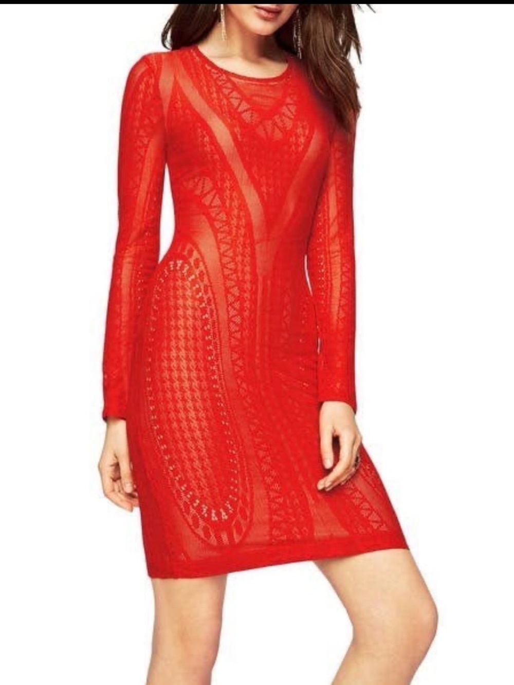 Bebe Red Long-Sleeve Sheer Lace Bodycon Dress